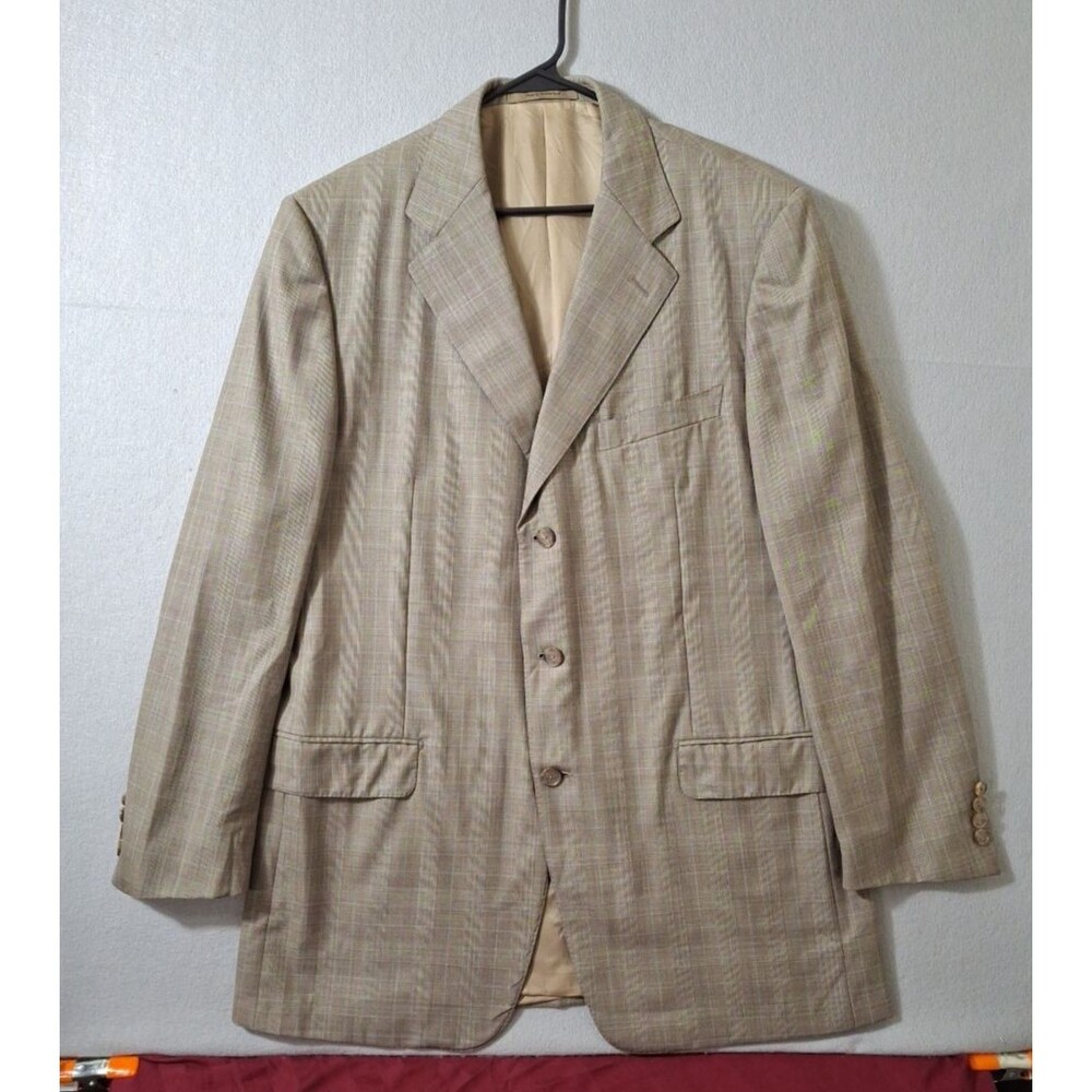 Ermenegildo Zegna Sport Coat Mens 44L Beige Brown Check Plaid Wool Jacket